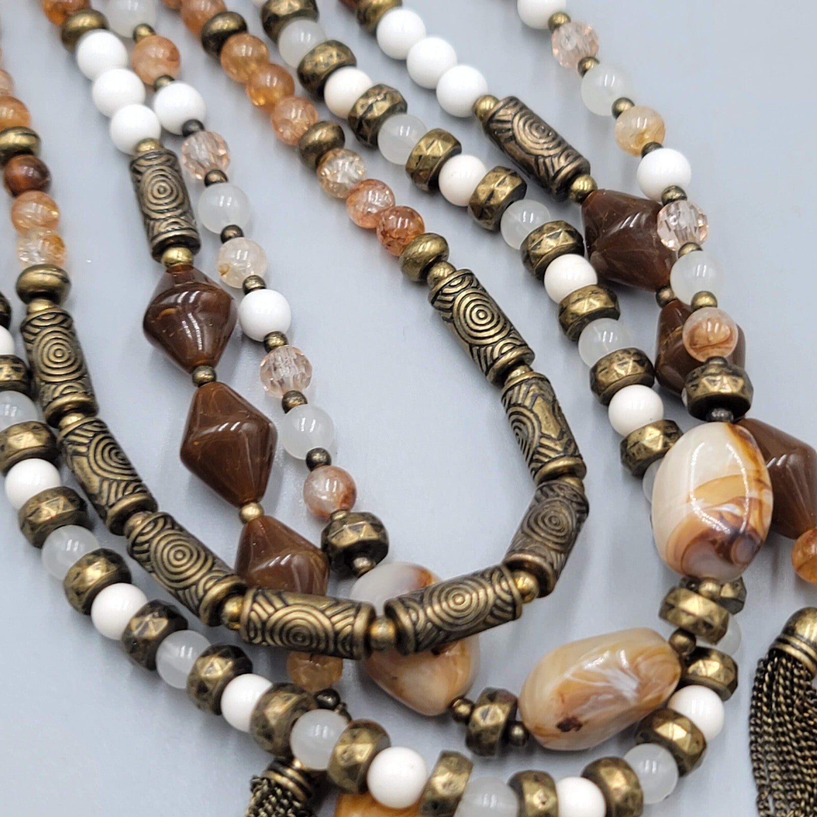 Premier Designs Necklace Bronze tone Brown White Bead 16"+
