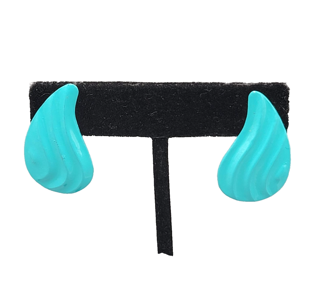 Vintage Teal Blue Enamel Pierced Earrings Wavy Tear Drop 1 1/8 in