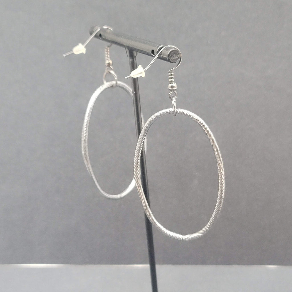 Pierced Earrings Black Metal Textured Oval Long Hoops Dangle 2"