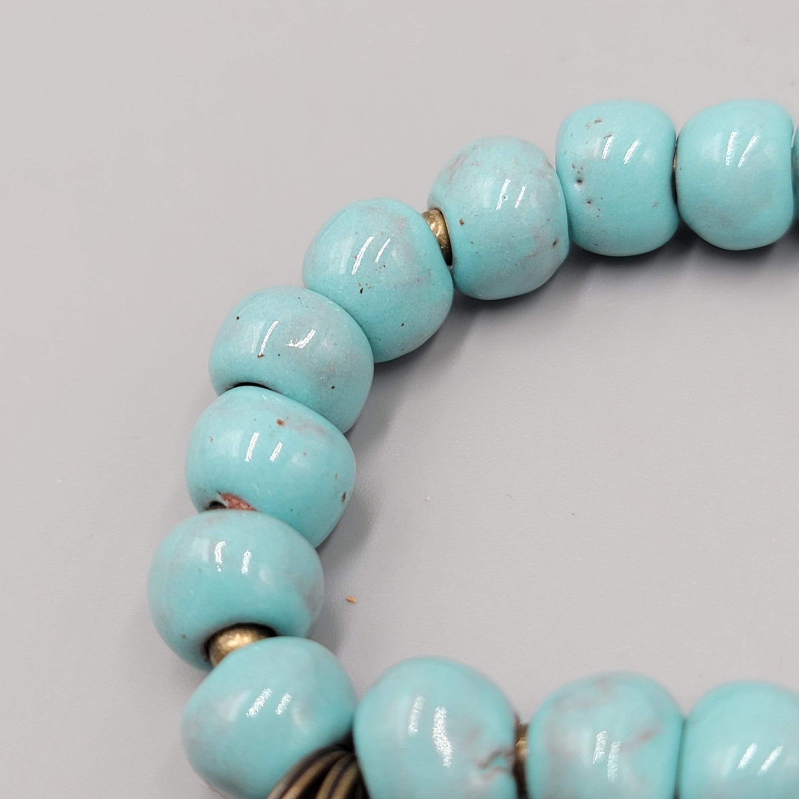 Signed Blue Pottery Blue Bracelet Brass HUMBLE Charm 6.5" Elastic Stretch