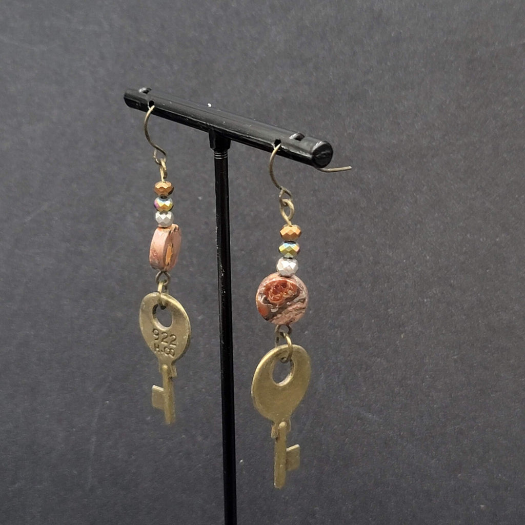 KEY Pierced Earrings Antiqued Gold tone Agate Stone Bead Dangle 2.25"