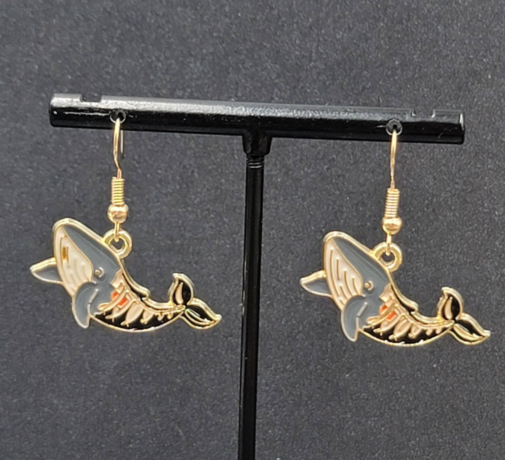 Zombie Whale Pierced Earrings Halloween Half Skeleton Enamel Dangle 5/8"