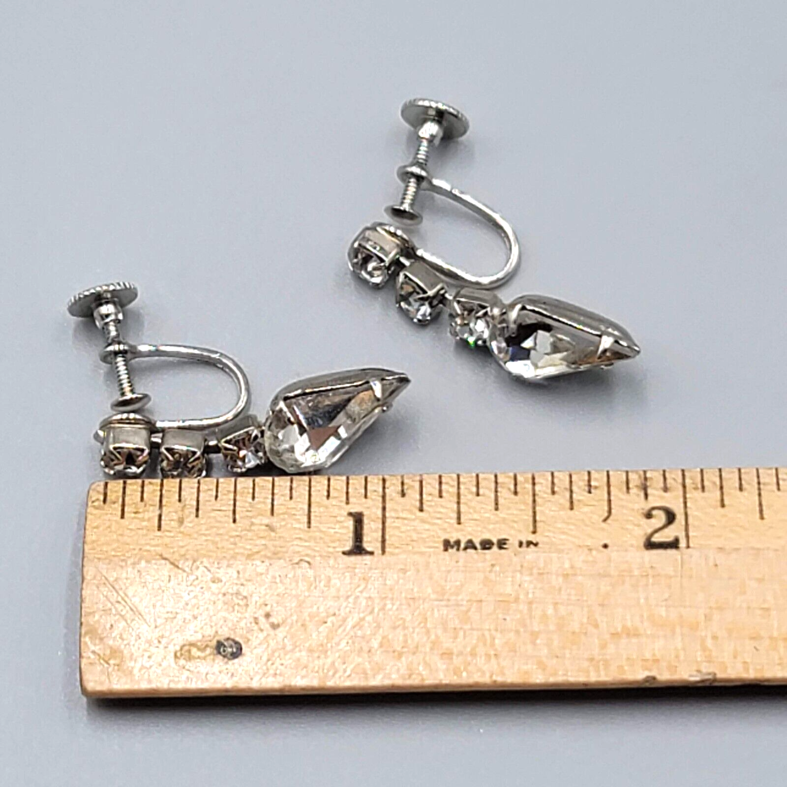 Vintage Rhinestone Clip on Earrings Silver tone Screw Back Drop 1 1/8"