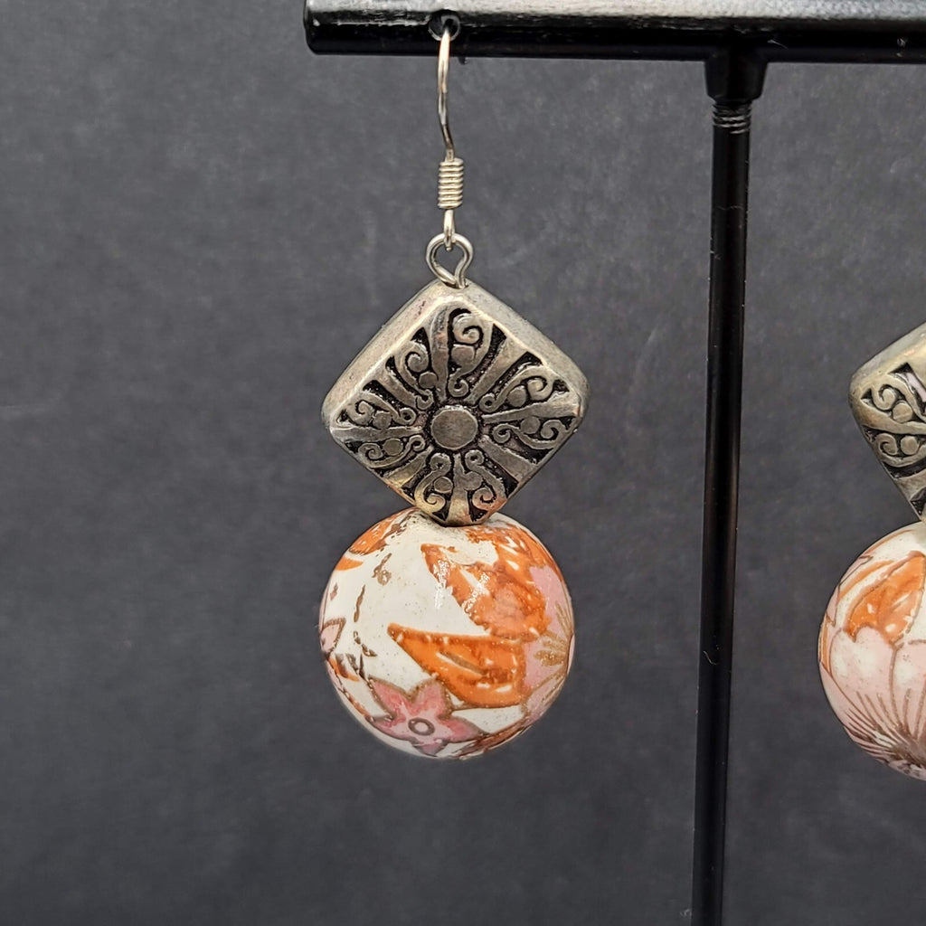 Pierced Earrings Silver tone Hand Painted Floral Pottery Bead  1.5"