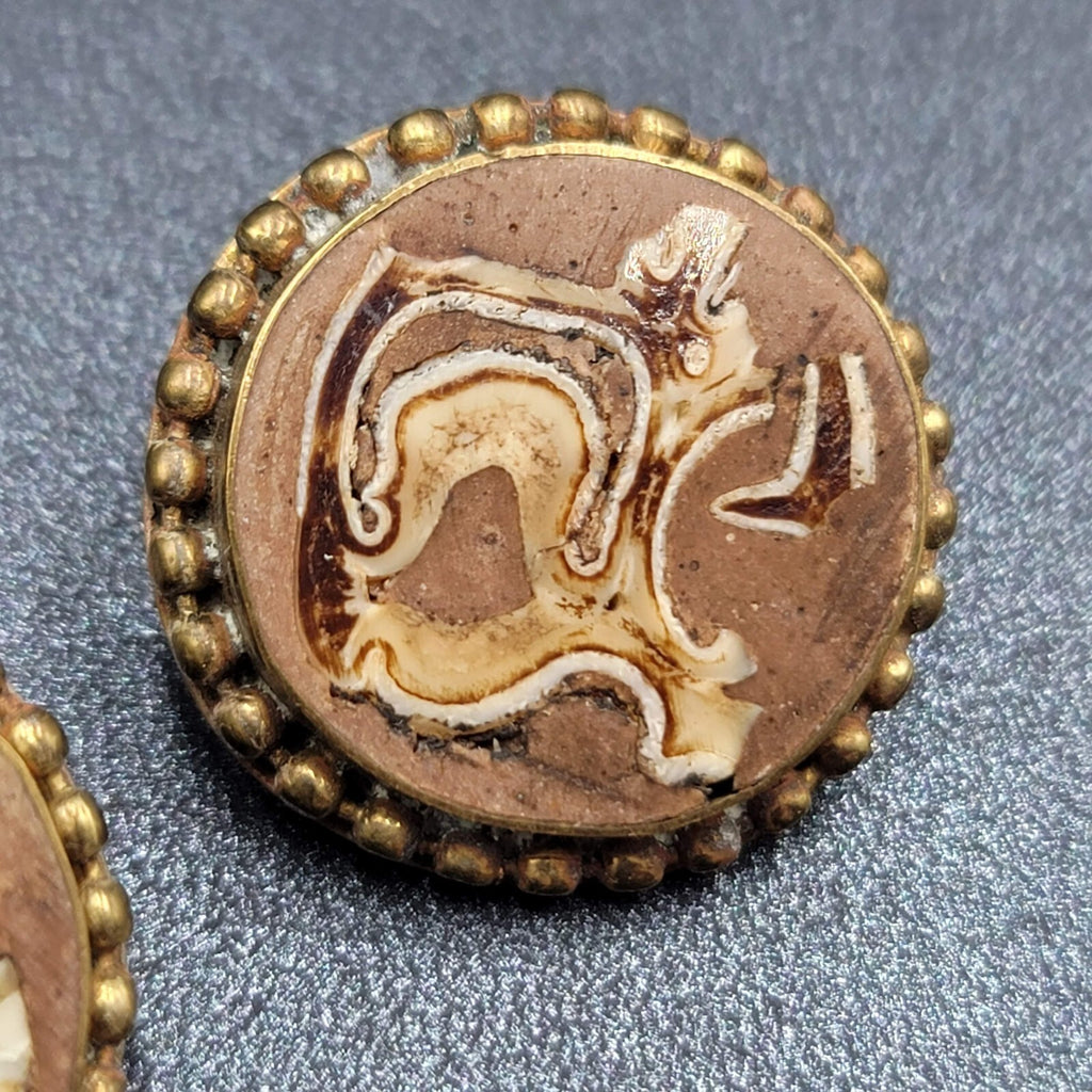 Vintage Clip on Earrings Brass Wood Stone Inlay Unique Discs  1"