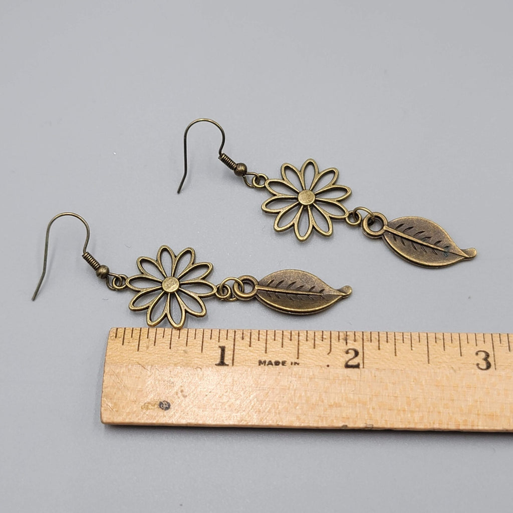 Flower Leaf Pierced Earrings Bronze tone Open Work Dangle NEW 2"