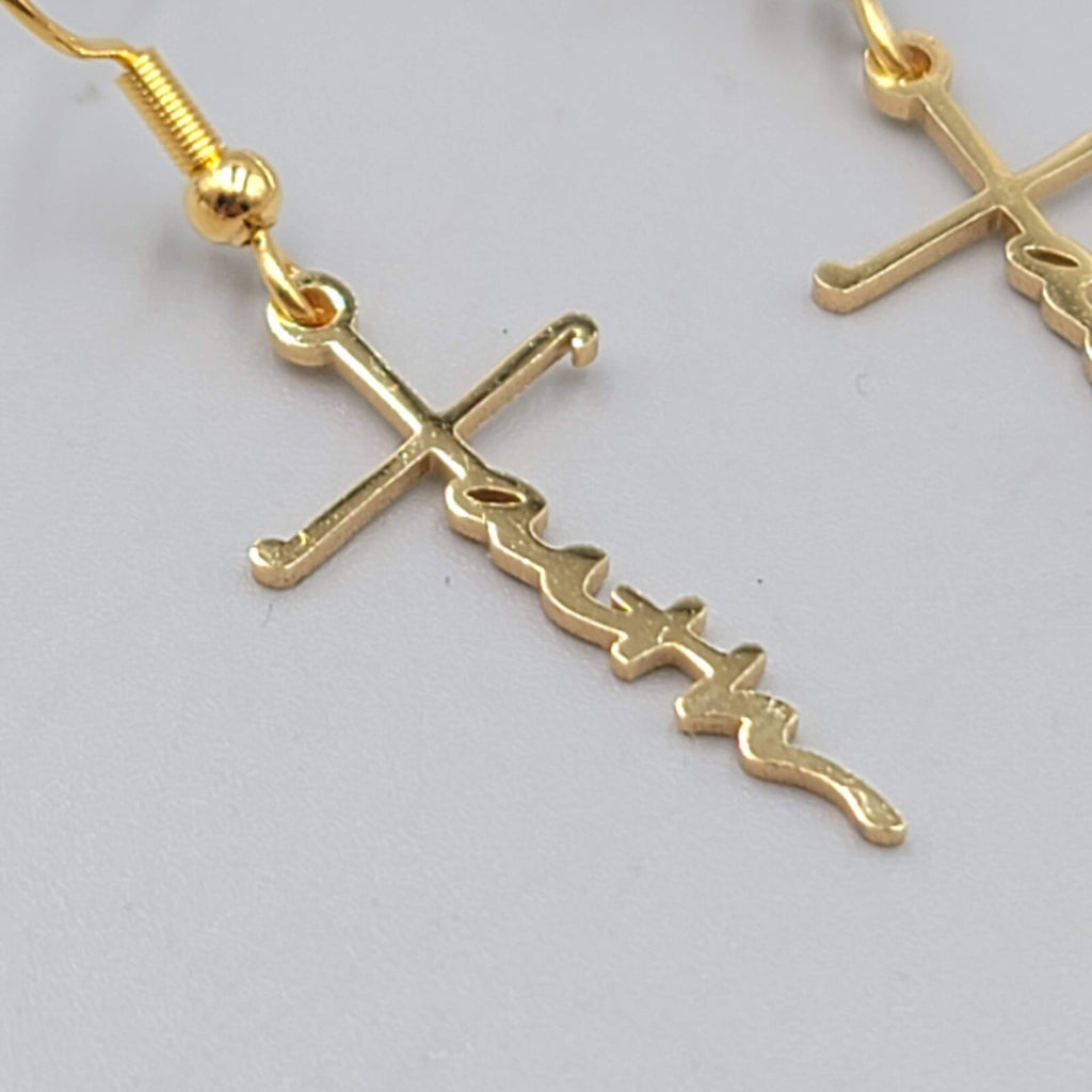 Faith Cross Pierced Earrings Gold tone Dangle 1"