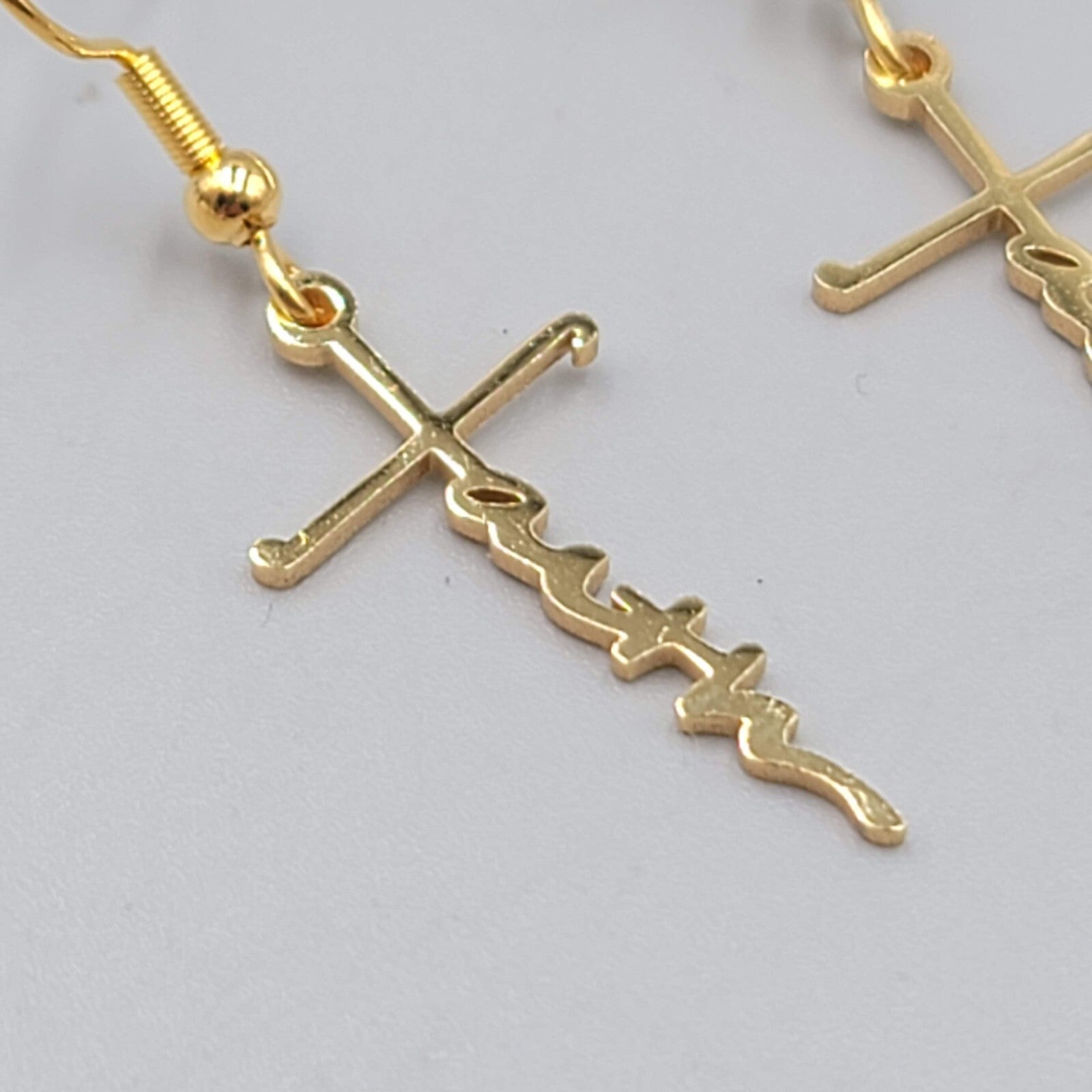 Faith Cross Pierced Earrings Gold tone Dangle 1"