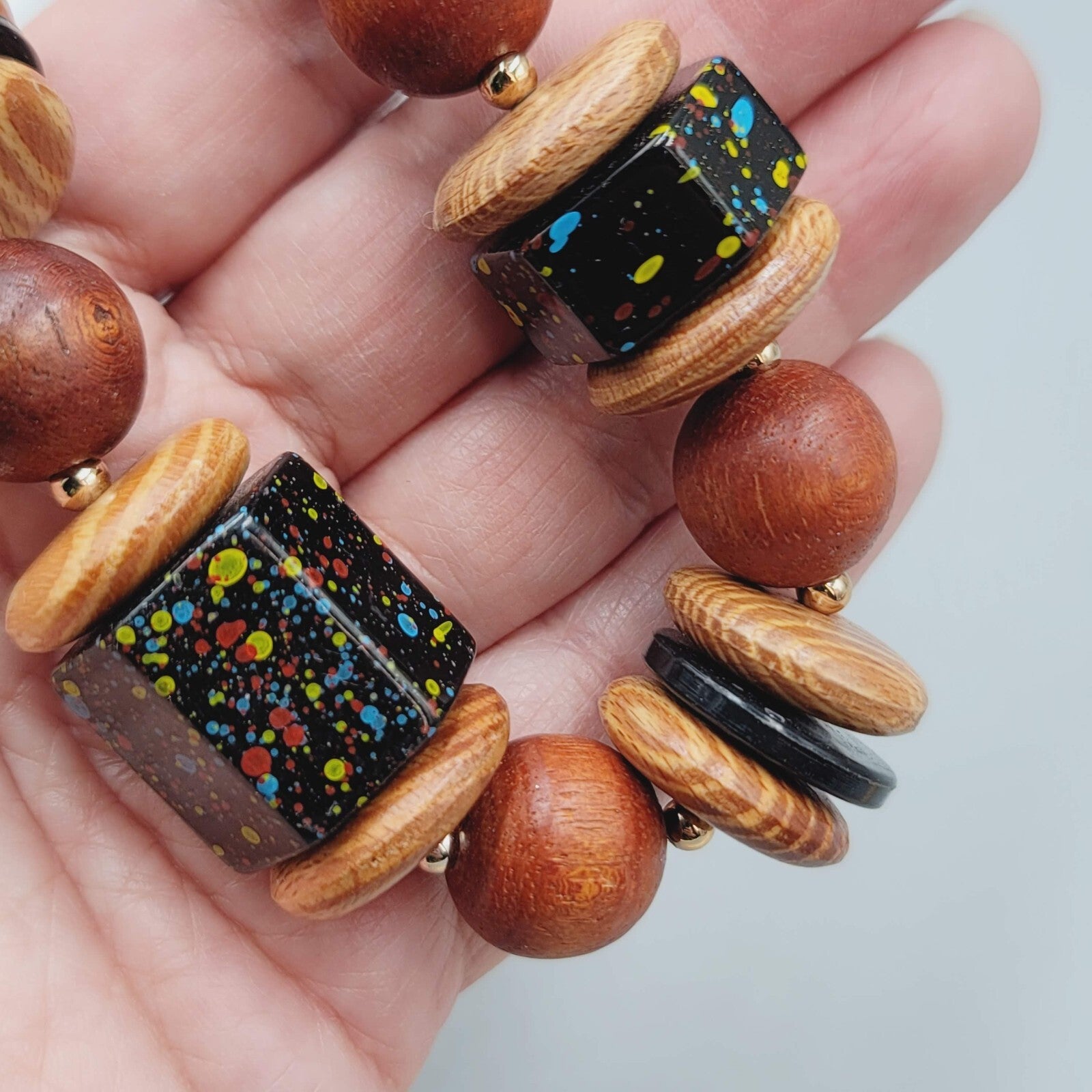 Vintage Wood Graduated Bead Statement Black Speckle Accent Bead 23"