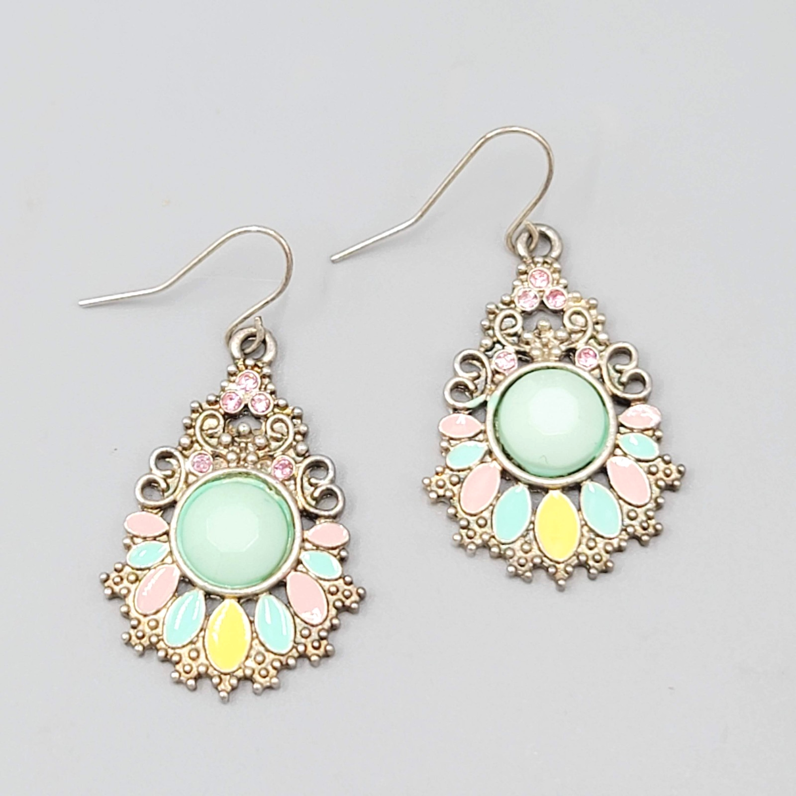 Pierced Earrings Silver tone Dangle Multi color Pastel Enamel Teardrop 1.25"