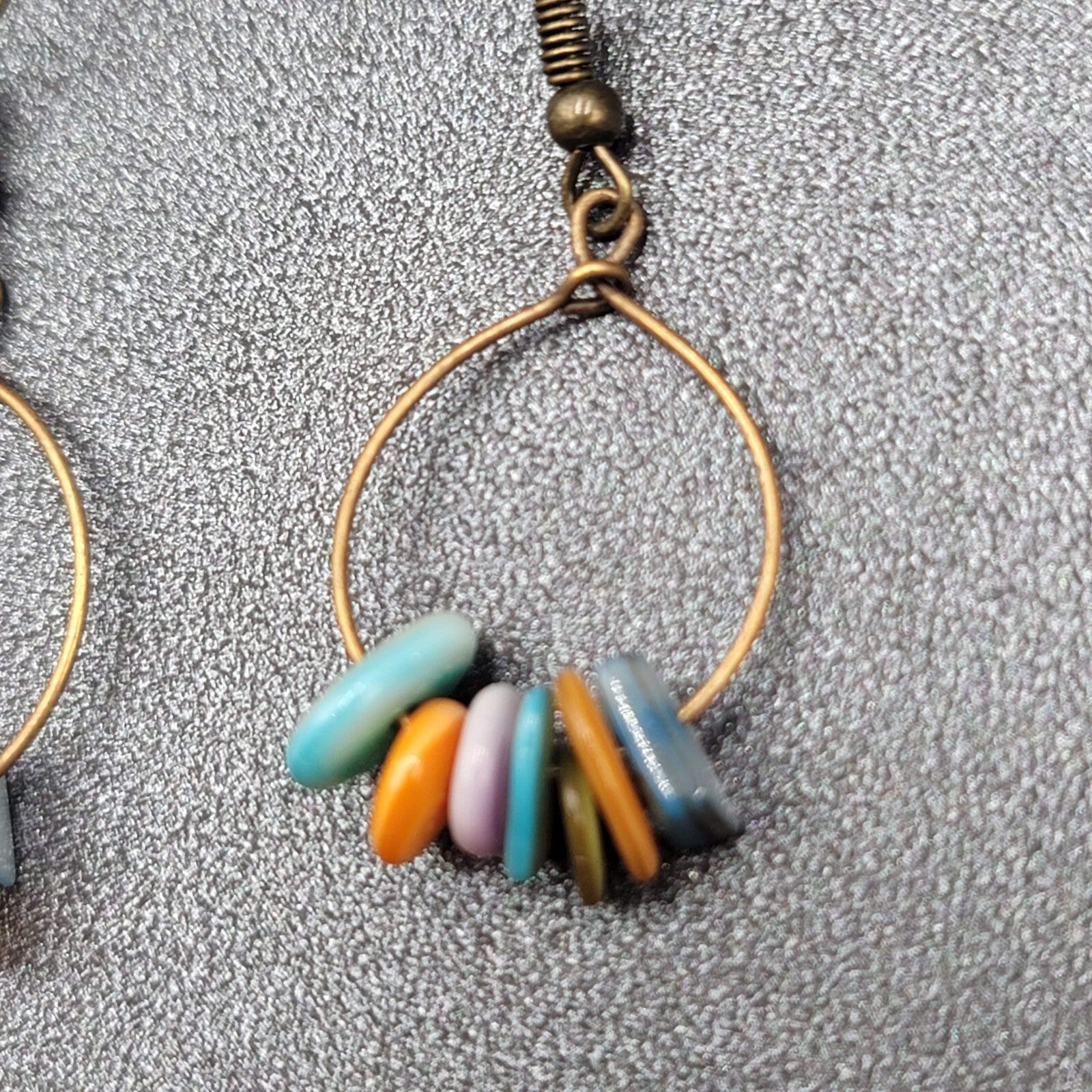 Pierced Earrings Multicolor Shell Beads Dangle Hoops 1 1/8"