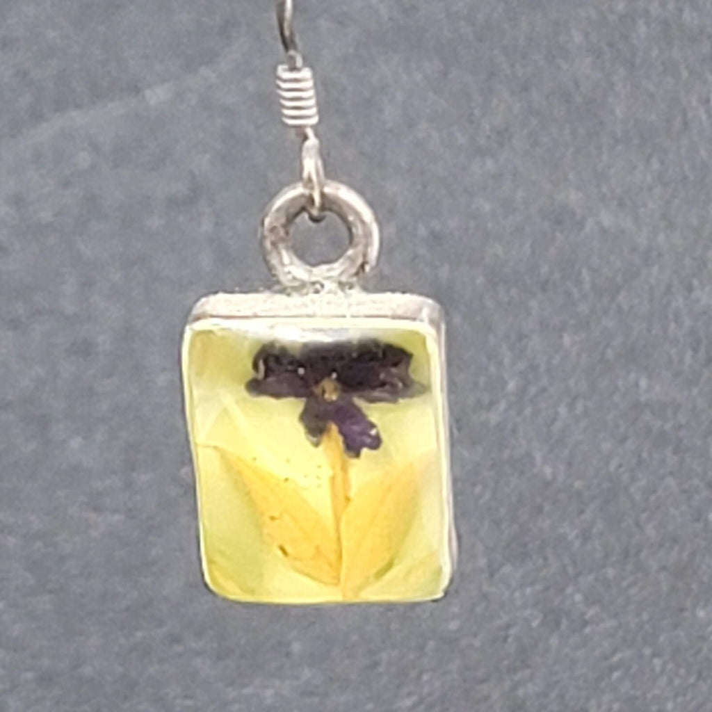 Pierced Earrings Sterling Silver Real Flower in Resin Dangle 5/8"