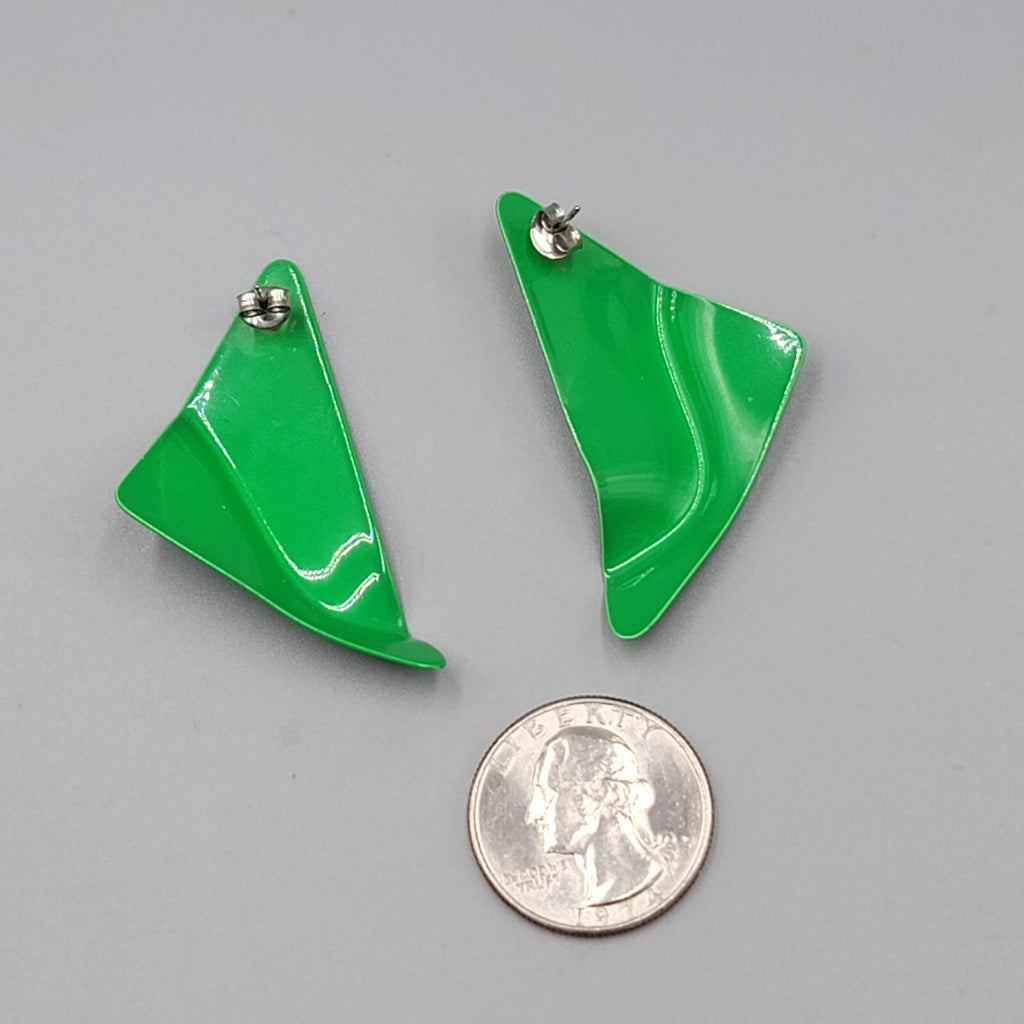 Vintage Green Enamel Statement Drop Pierced Earrings 80s 1 7/8"