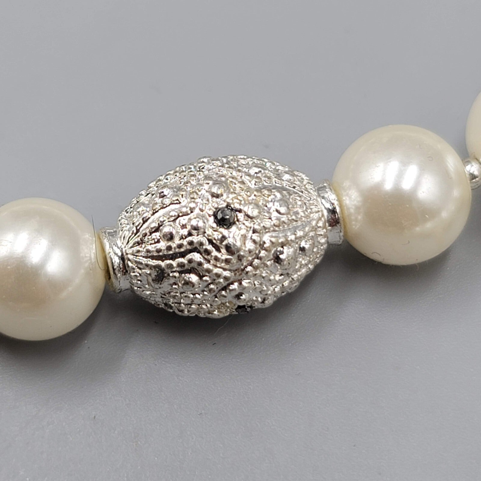 White Beads Silver tone Rhinestone Necklace and Bracelet Set Faux Pearl