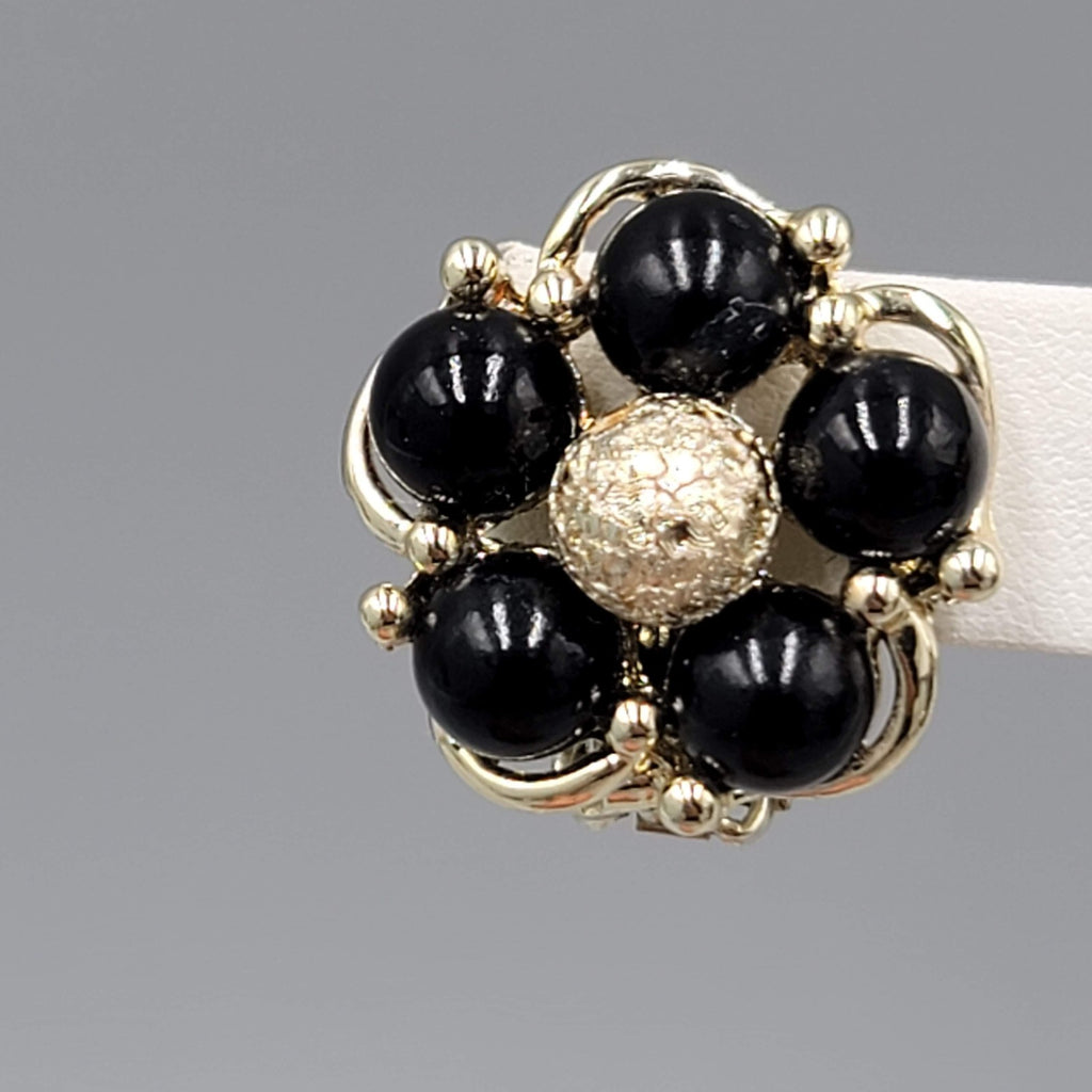 Vintage Gold tone Black Bead Flower Clip on Earrings 1"