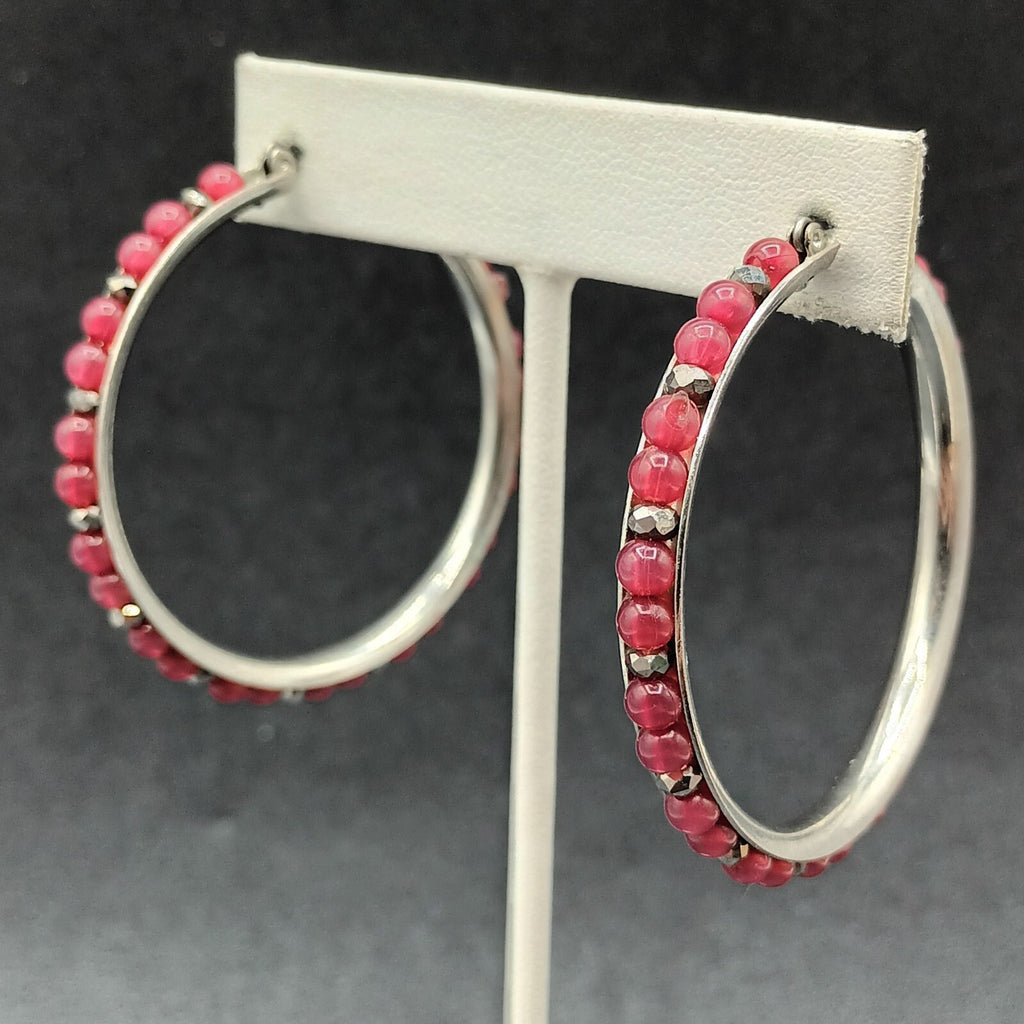 Pierced Earrings Silver tone Red Bead Statement Snap Hoops 2"