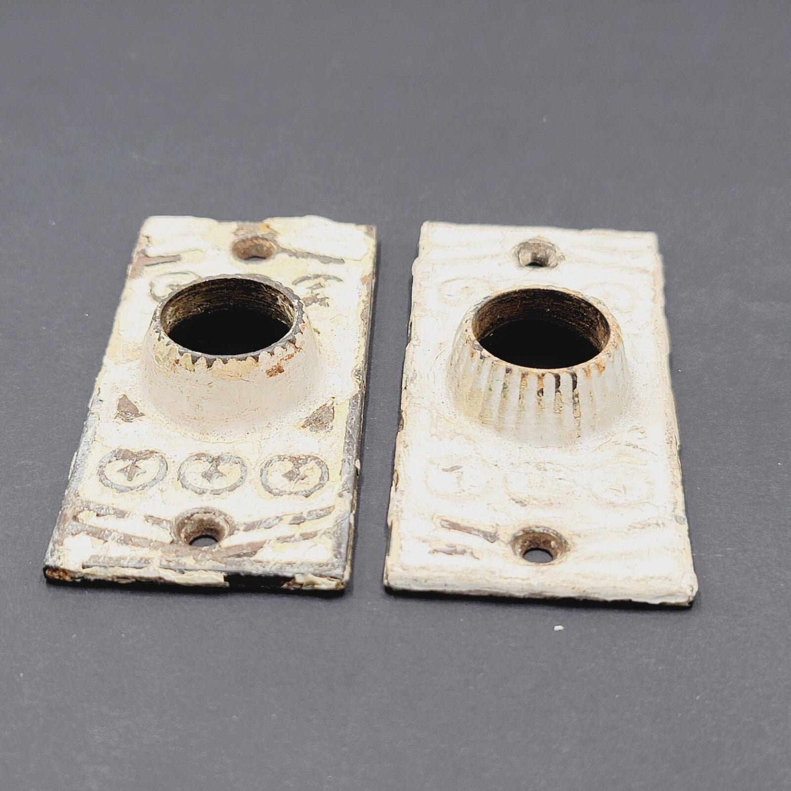 Vintage PAIR Shabby Chic Doorknob Back Plate 3 1/2" x 1 5/8" Cast Iron
