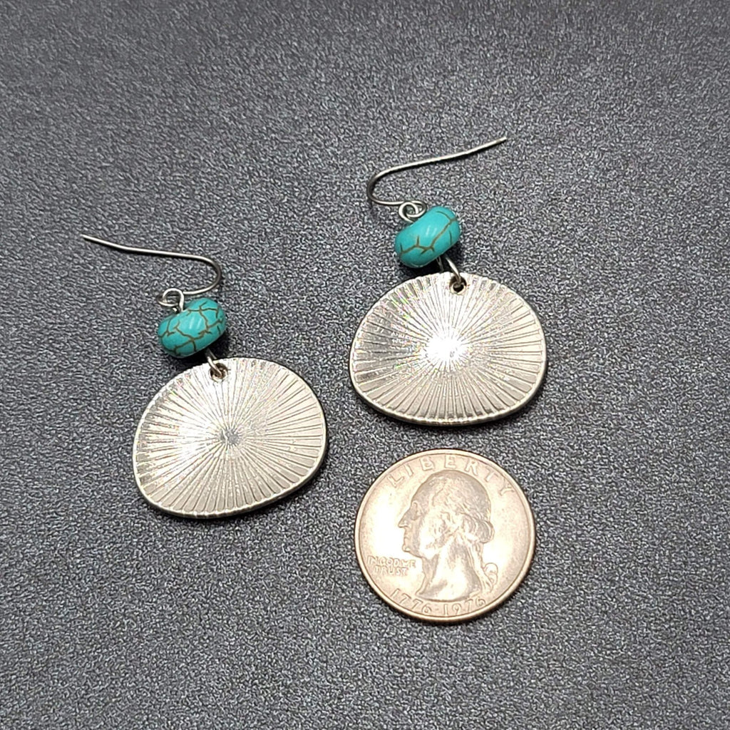 Pierced Earrings Hammered Silver tone Blue Howlite Stone Dangle  1.25"