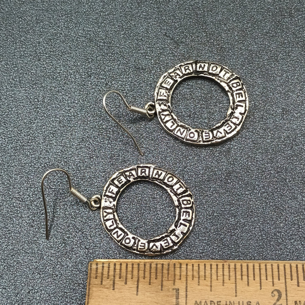 Pierced Earrings Silver tone Inspirational "Believe Only Fear Not" Dangle 1"