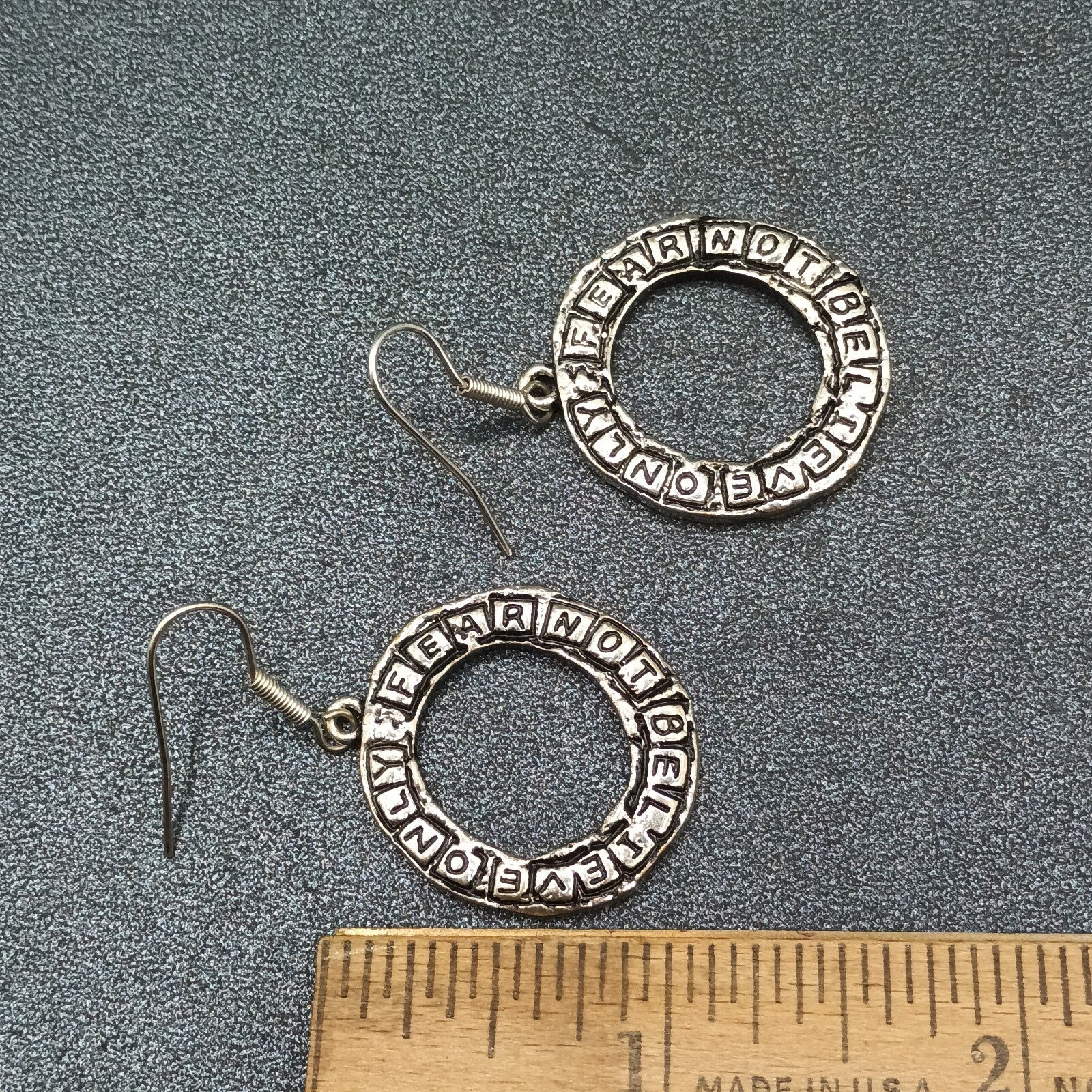 Pierced Earrings Silver tone Inspirational "Believe Only Fear Not" Dangle 1"