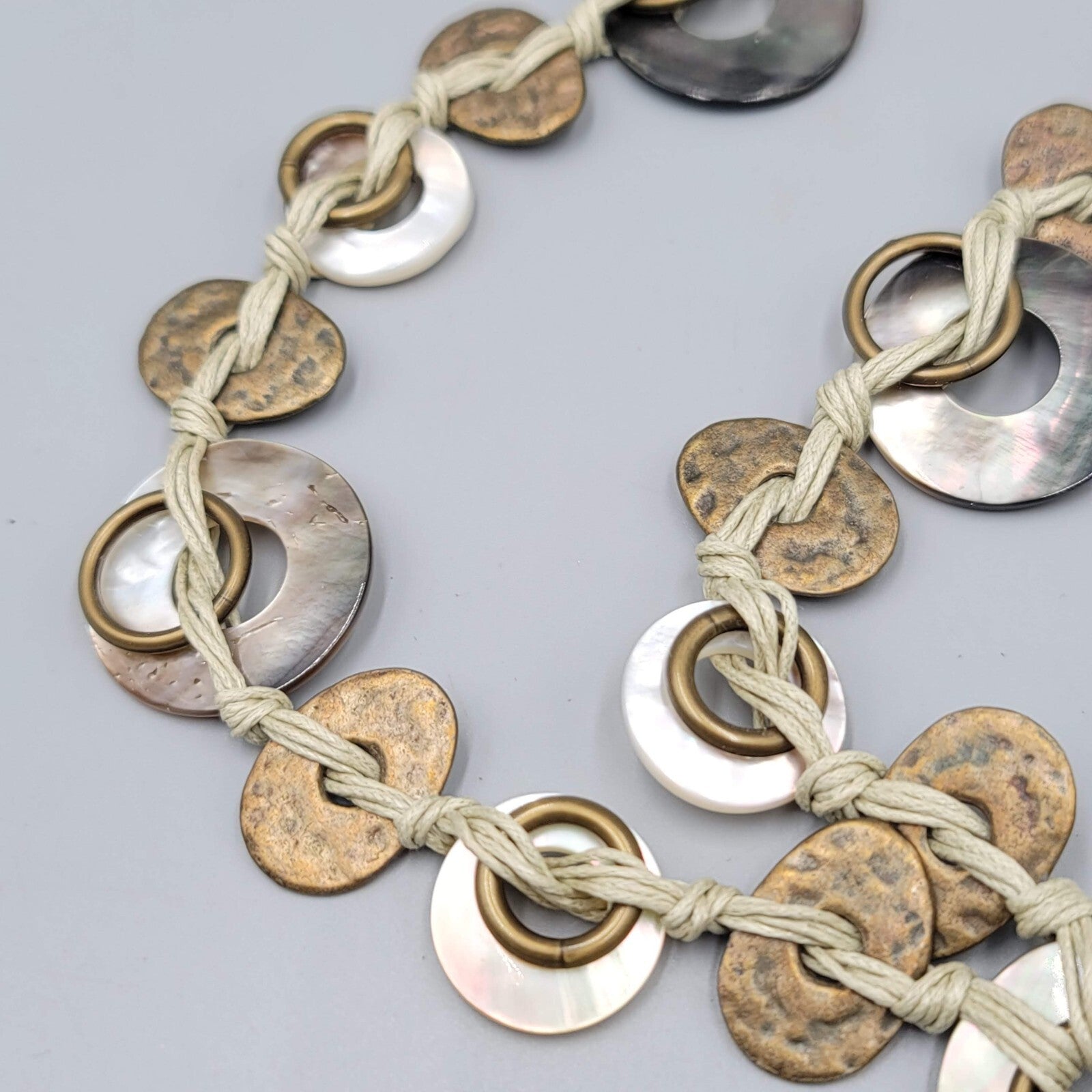Shell Disc Necklace Cord Long Statement Bronze tone 32"