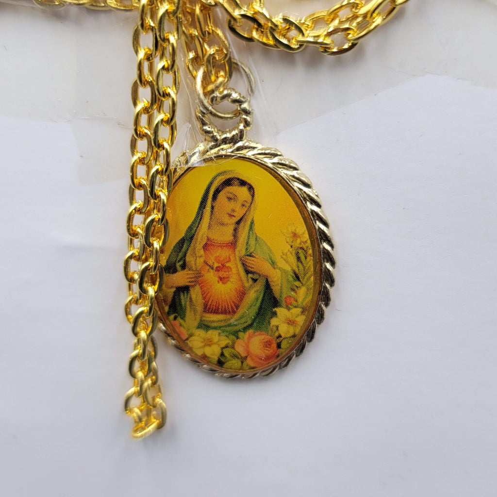 Vintage Hail Holy Queen Gold tone Necklace Sacred Heart Center Religious