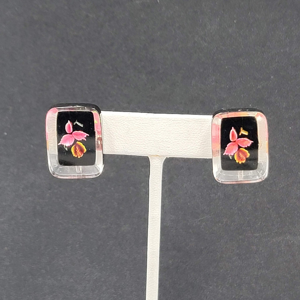Vintage Clip on Earrings Reverse Carved Lucite Flower Drop 7/8"