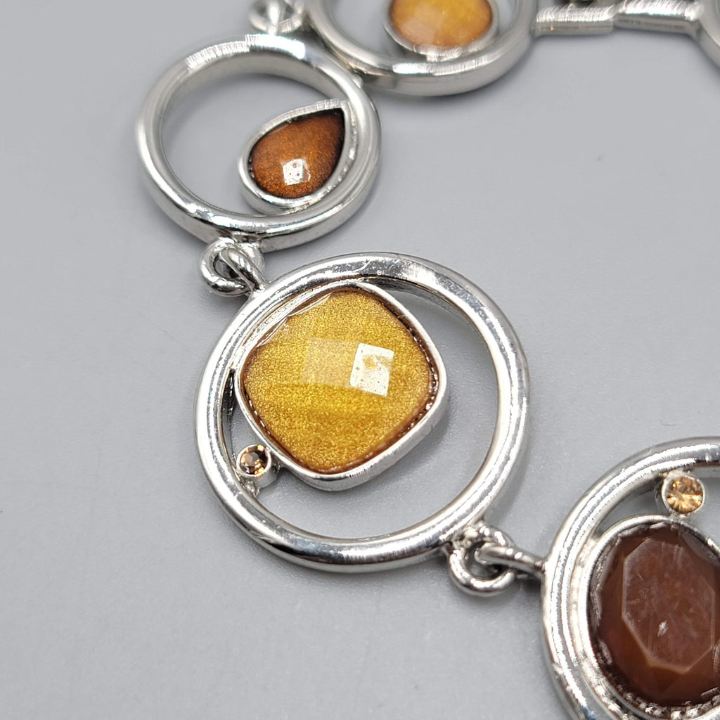 Silver tone Bracelet Orange Resin Accents Modernist 6.75"