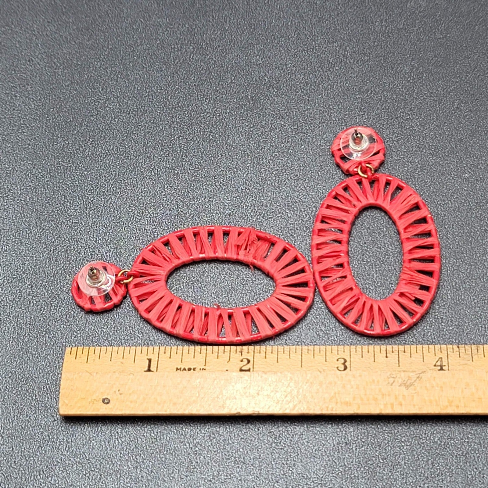 Pierced Earrings Red Rattan Dangle Hoops Statement 2.5"