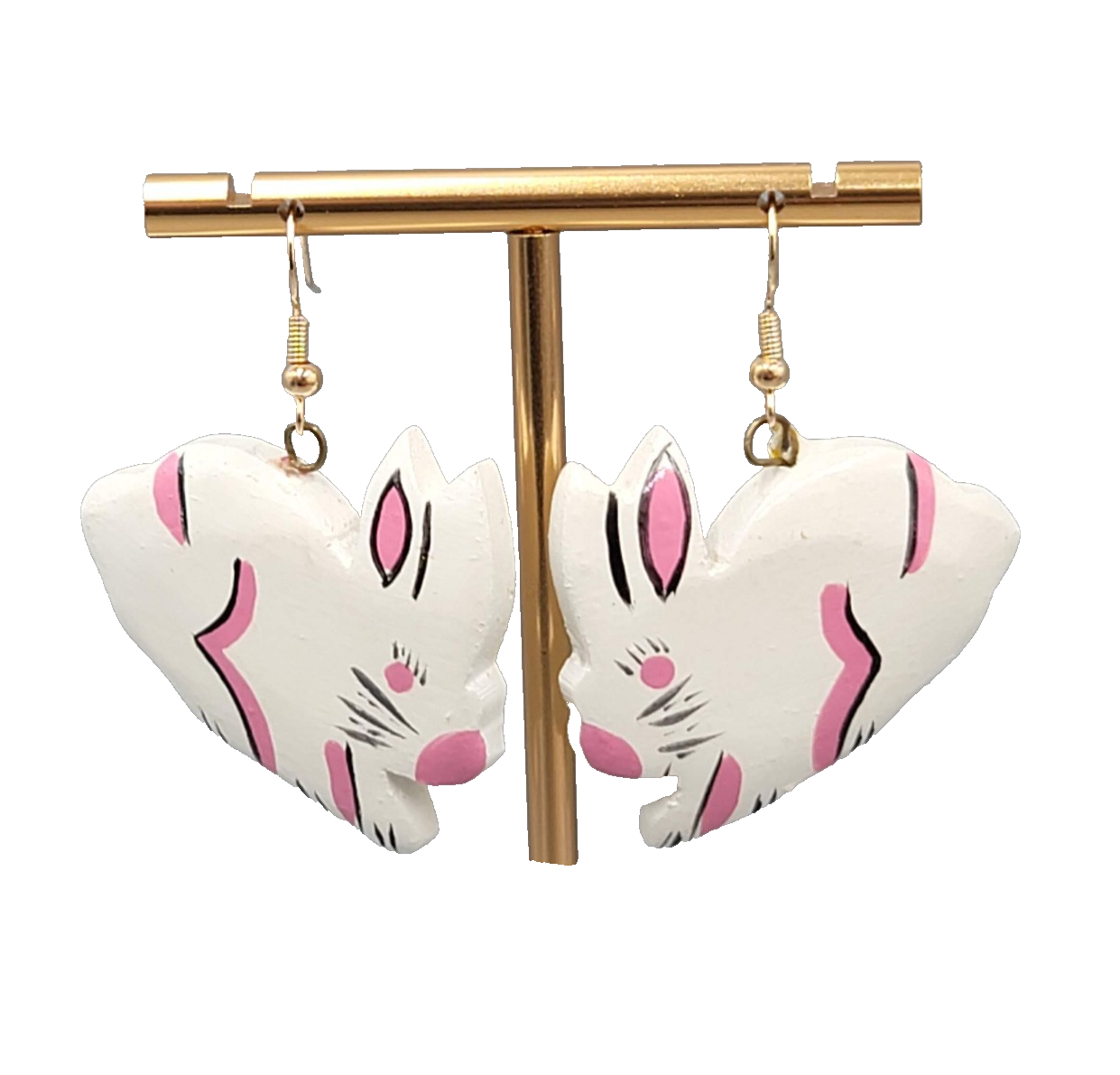 Vintage Wood Bunny Rabbit Pierced Earrings Gold tone Dangle Hand Painted 1.5 in