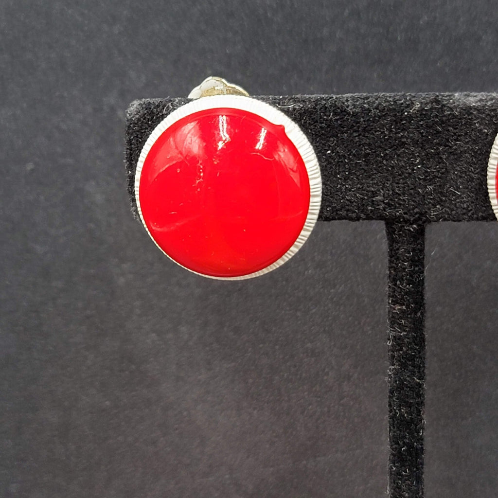 Vintage Clip on Earrings Gold tone Red White Dome Round Studs Hong Kong 7/8"