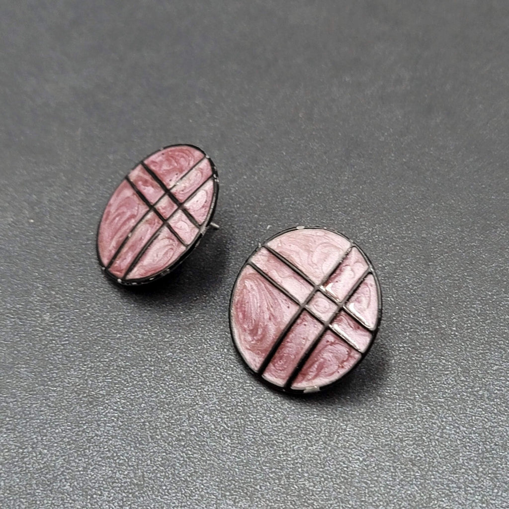 Vintage Pierced Earrings Purple Black Enamel over Metal Round Drop 1"