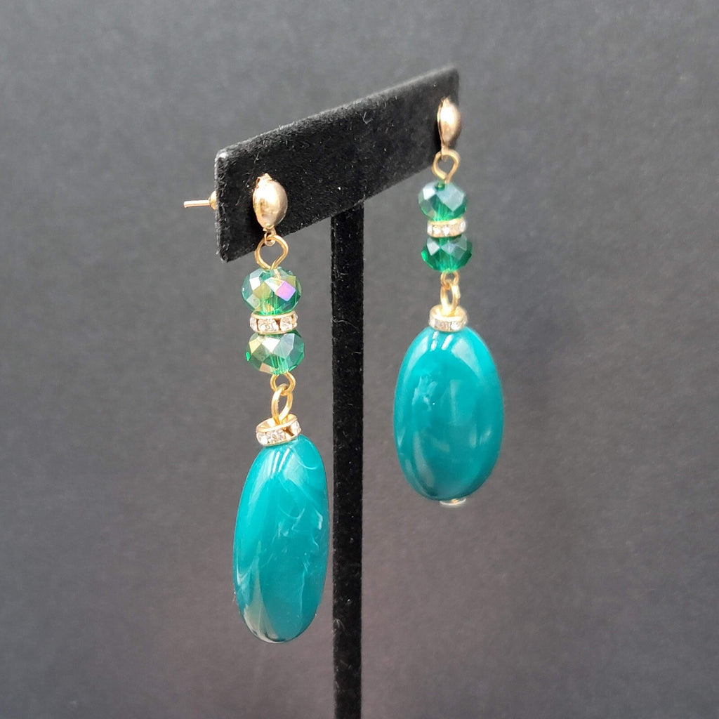 Vintage Pierced Earrings Green Acrylic Bead Dangle Rhinestones 2.5"