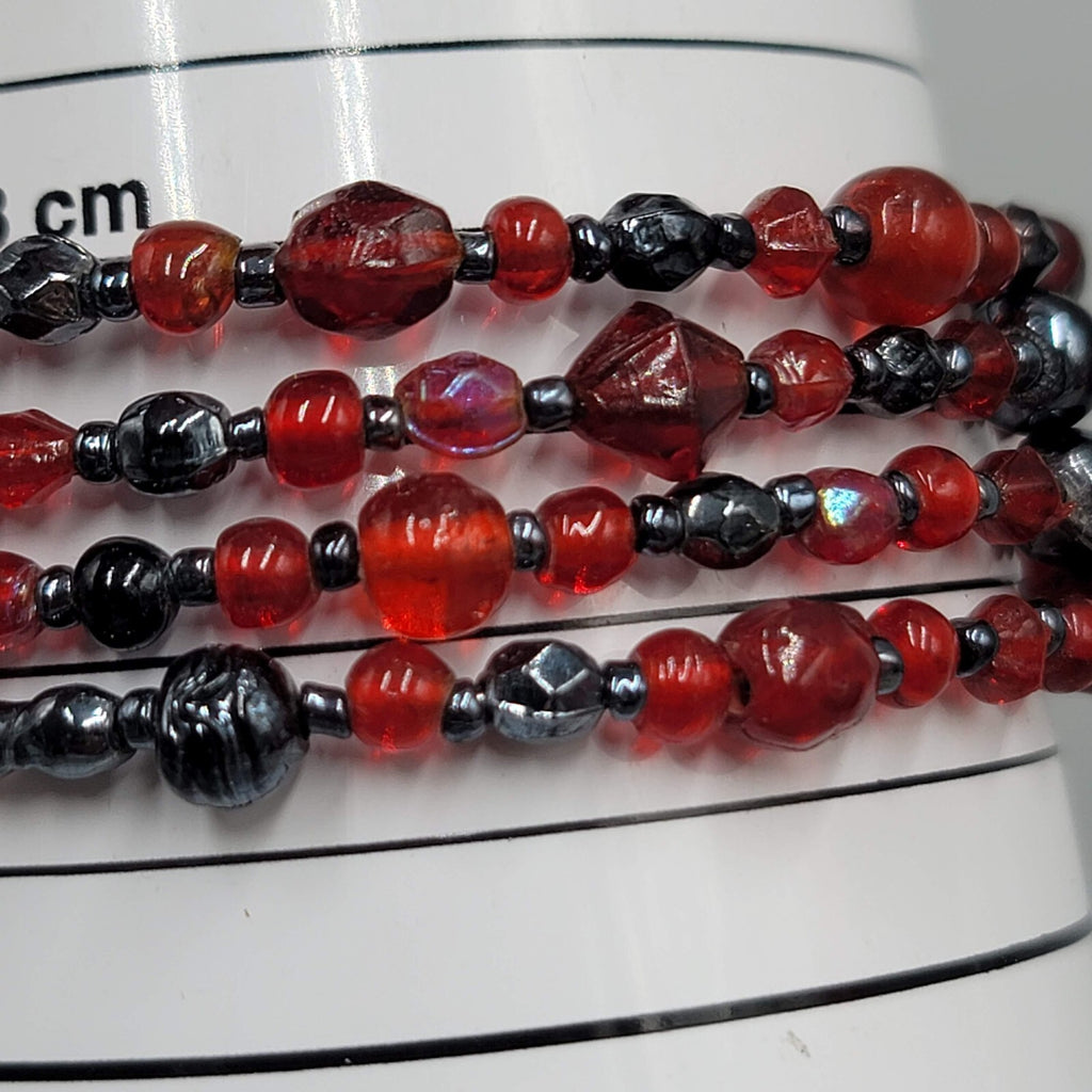 Red Black Glass Bead Bracelet Memory Wire 