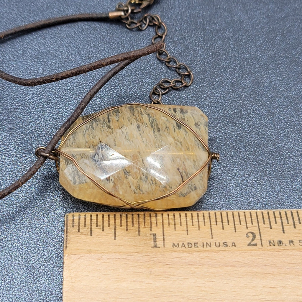 Natural Quartz Pendant Necklace Brown Leather Cord 16"-19"