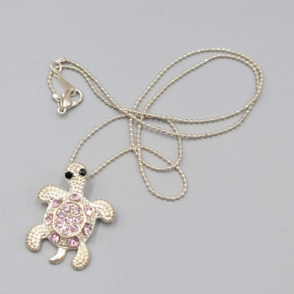 Sea Turtle Necklace Pink Rhinestone Silver tone 18"