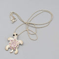 Sea Turtle Necklace Pink Rhinestone Silver tone 18"