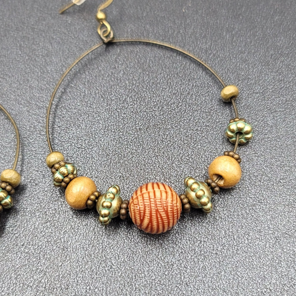 New Boho Pierced Earrings Gold tone Green Accent Wood Beaded Hoops 2"