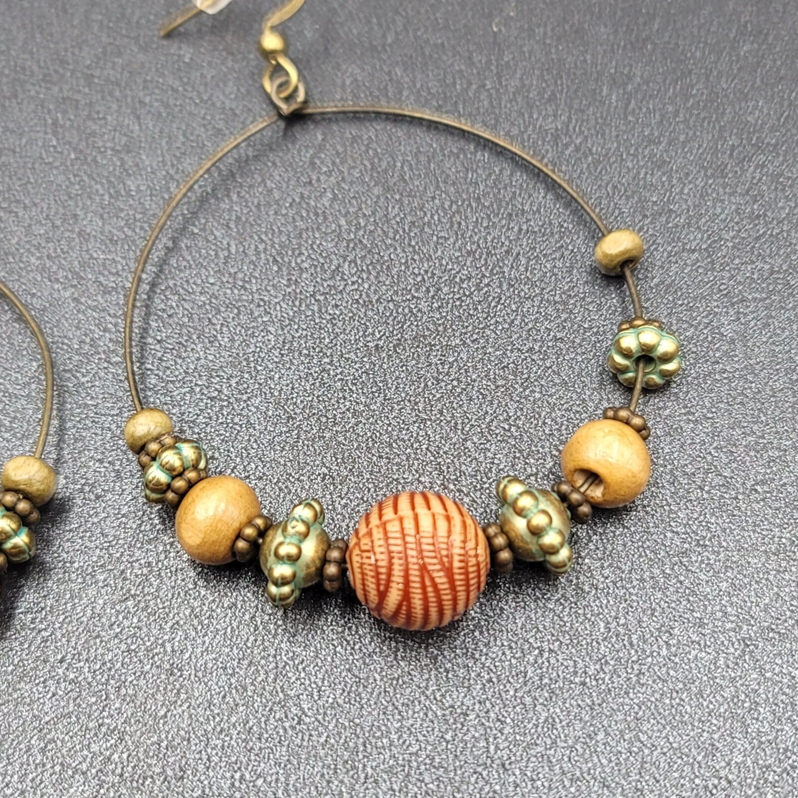 New Boho Pierced Earrings Gold tone Green Accent Wood Beaded Hoops 2"