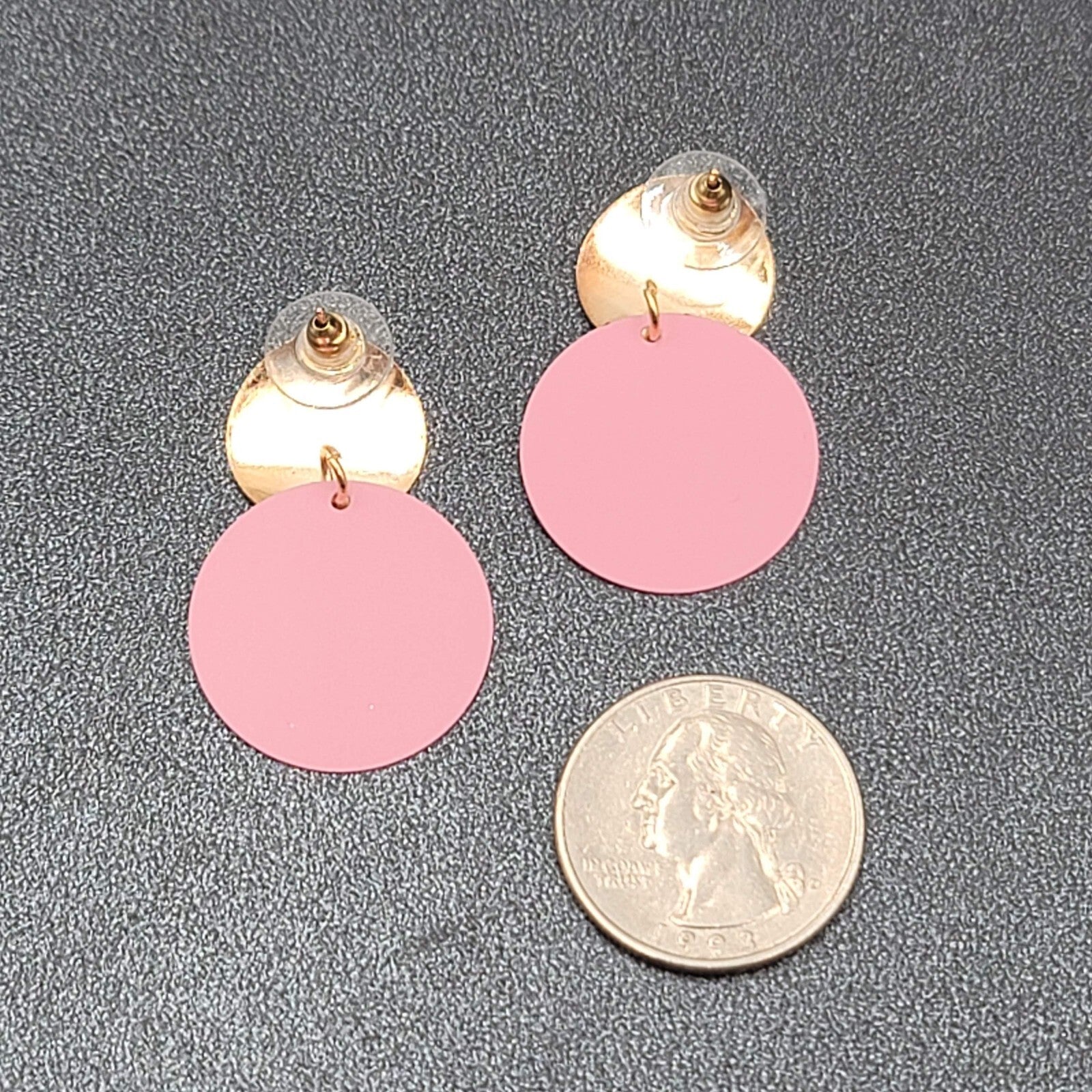 Pierced Earrings Mauve Pink Enamel Gold tone Double Discs Dangle 1 3/8"