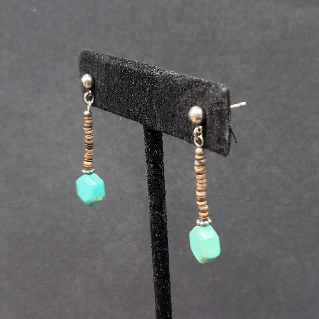 Pierced Earrings Heishi Shell Turquoise Bead Dangle 1.25"