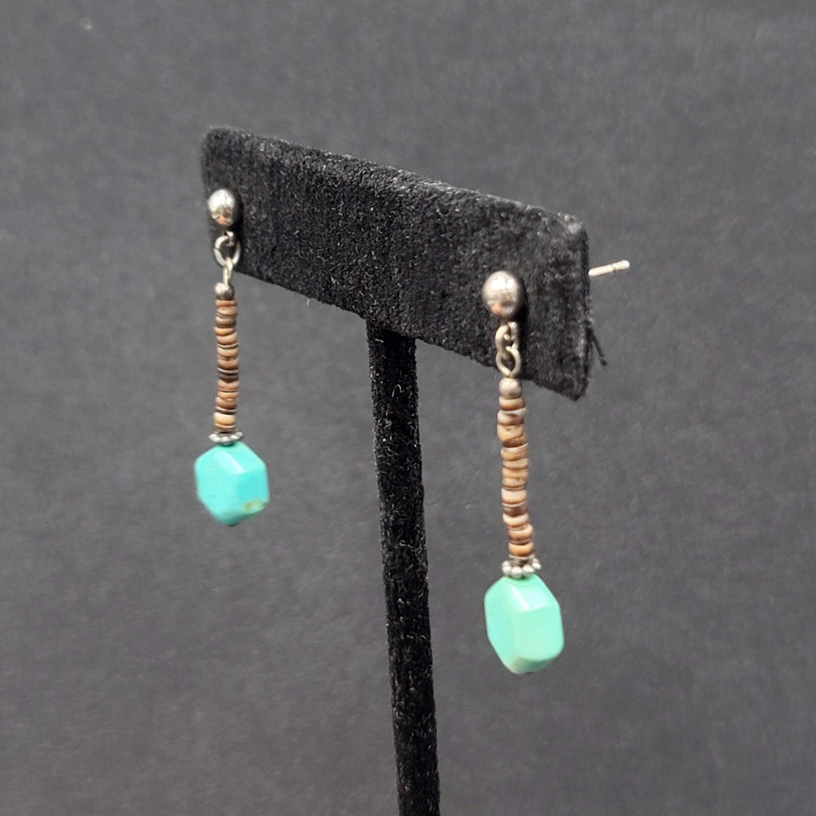 Pierced Earrings Heishi Shell Turquoise Bead Dangle 1.25"