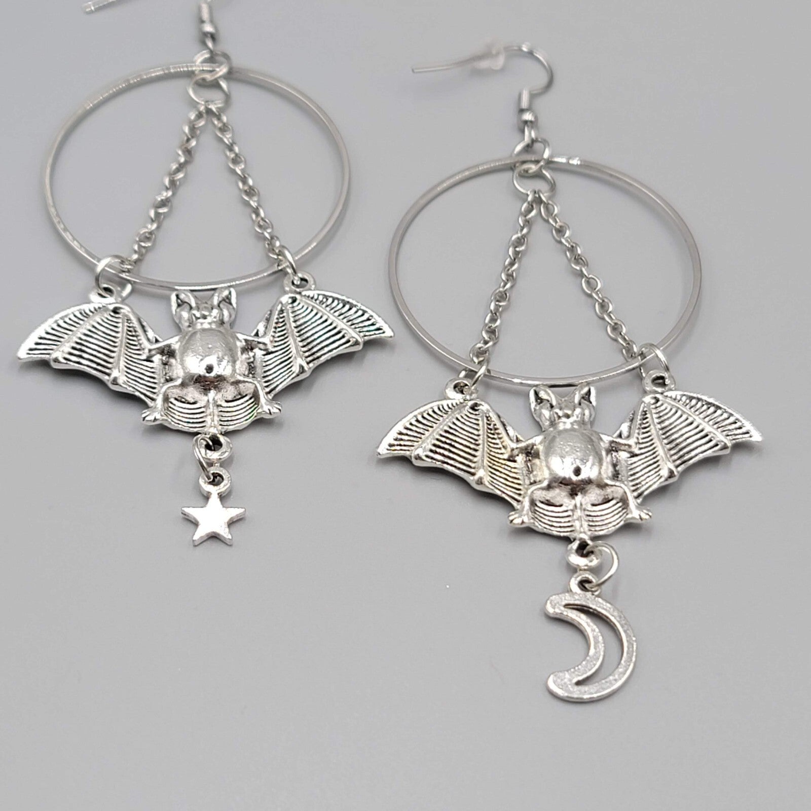Bat Star Moon Pierced Earrings Large Gothic Punk Silver tone Dangle NEW 3.5"