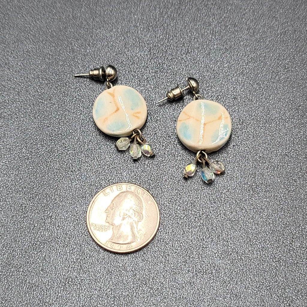 Pierced Earrings Silver tone Ceramic Pottery Bead White Blue 1.25"