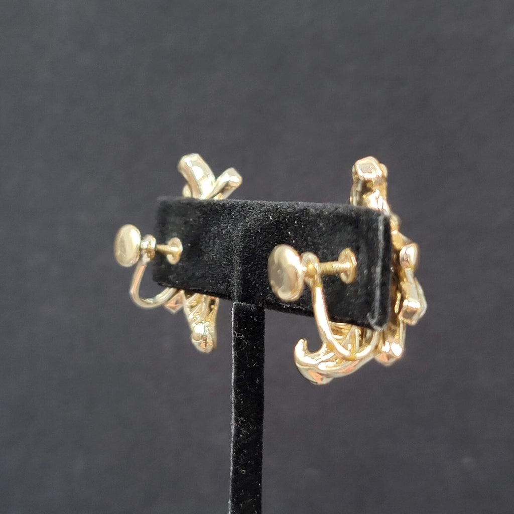 Vintage Clip on Earrings Gold tone Rhinestone Leaf Design Drop Screw Back 1.25"