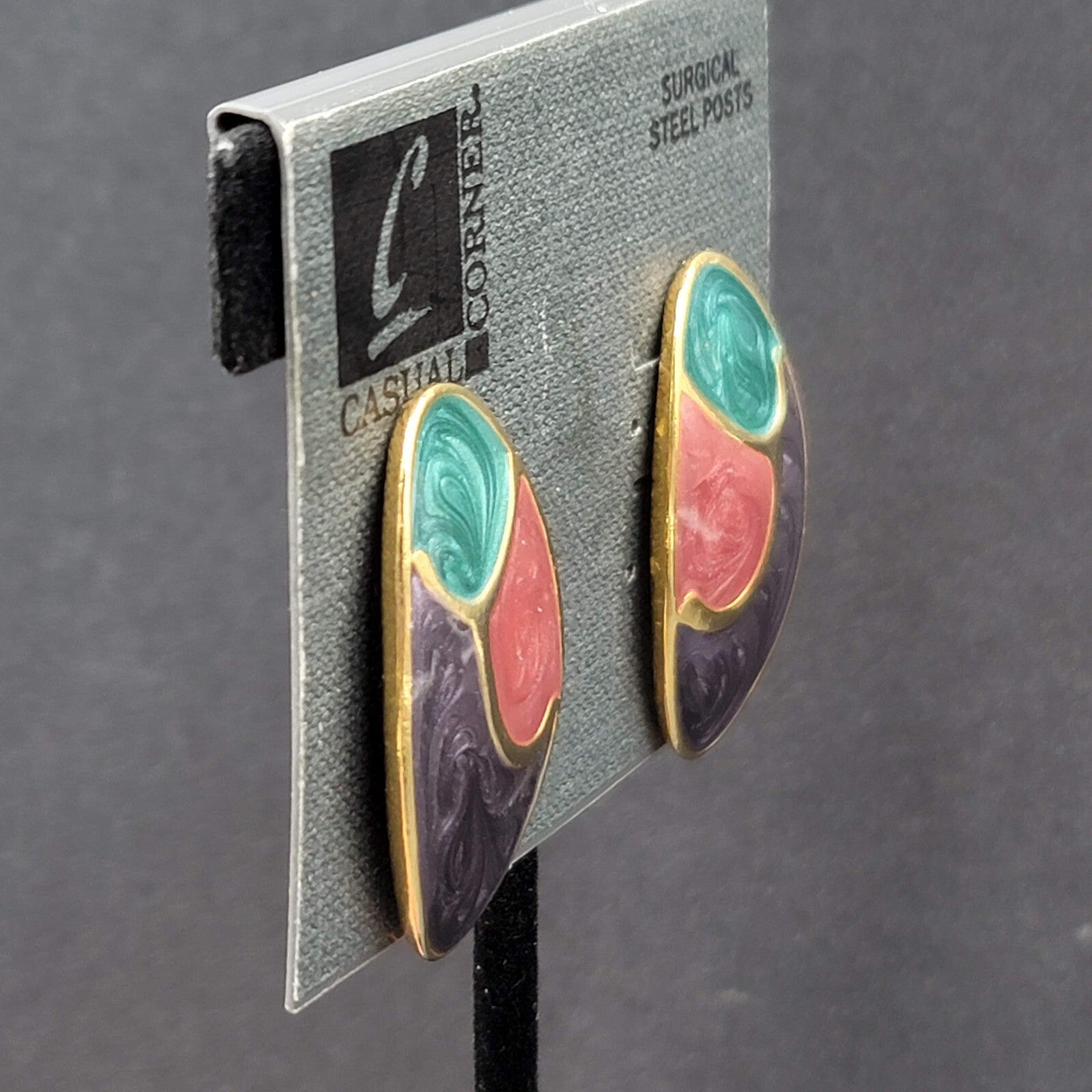 Vintage Pierced Earrings Gold Plated Teal Pink Purple Enamel Drop 1.5"