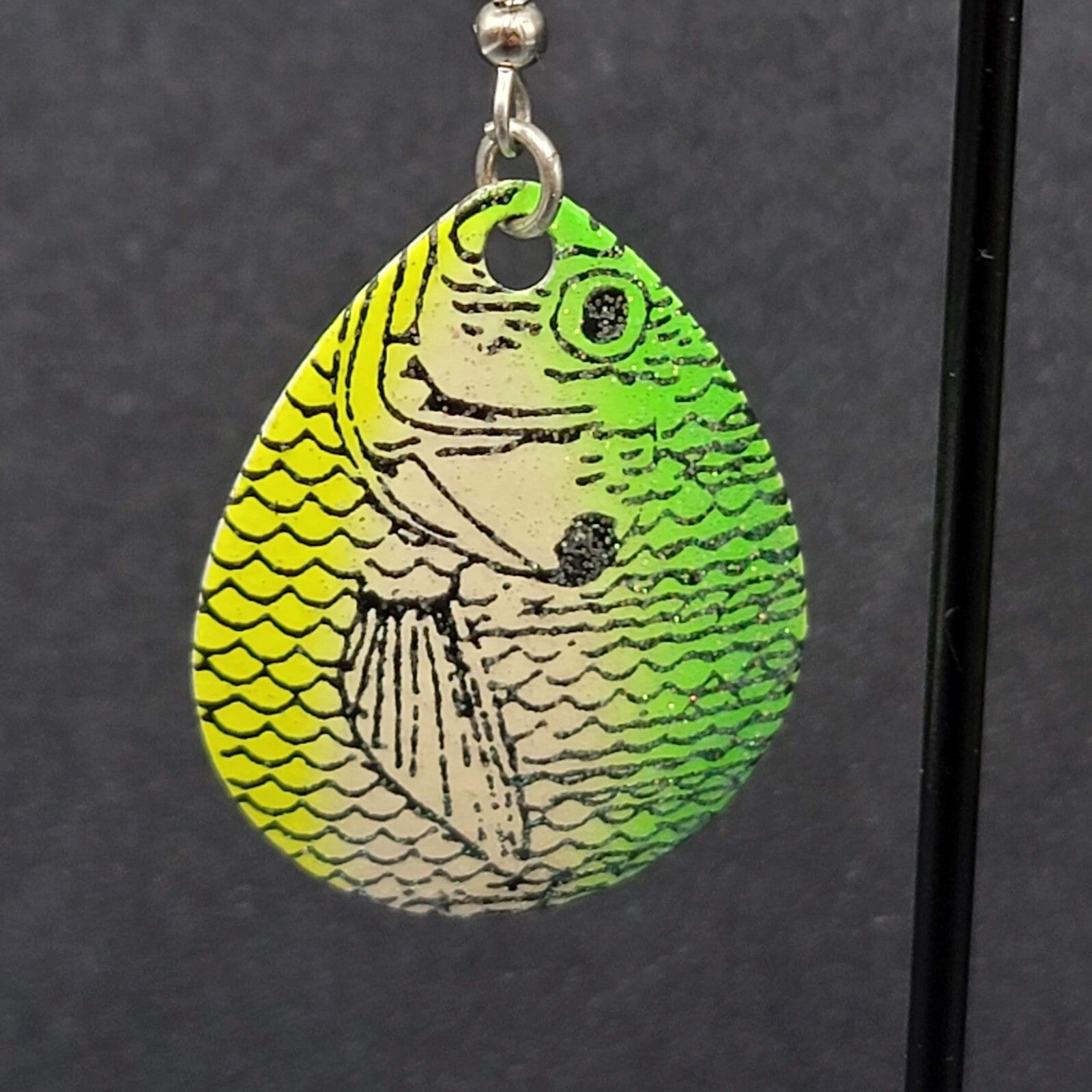 Fishing Lure Pierced Earrings Neon Green Yellow Teardrop Fish Dangle 1.5"