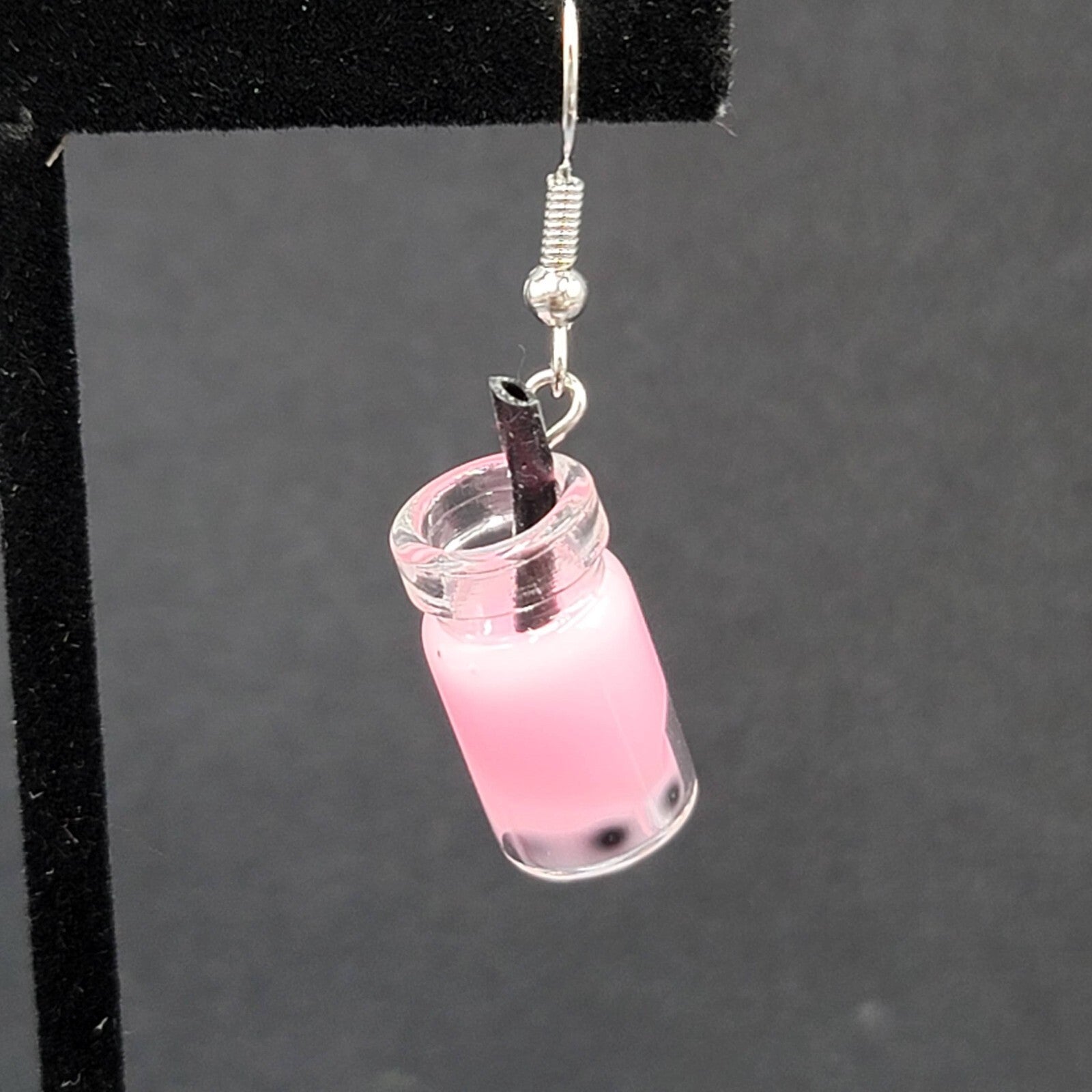 Pierced Earrings Pink Boba Tea Drink with Straw Novelty Dangle 1"