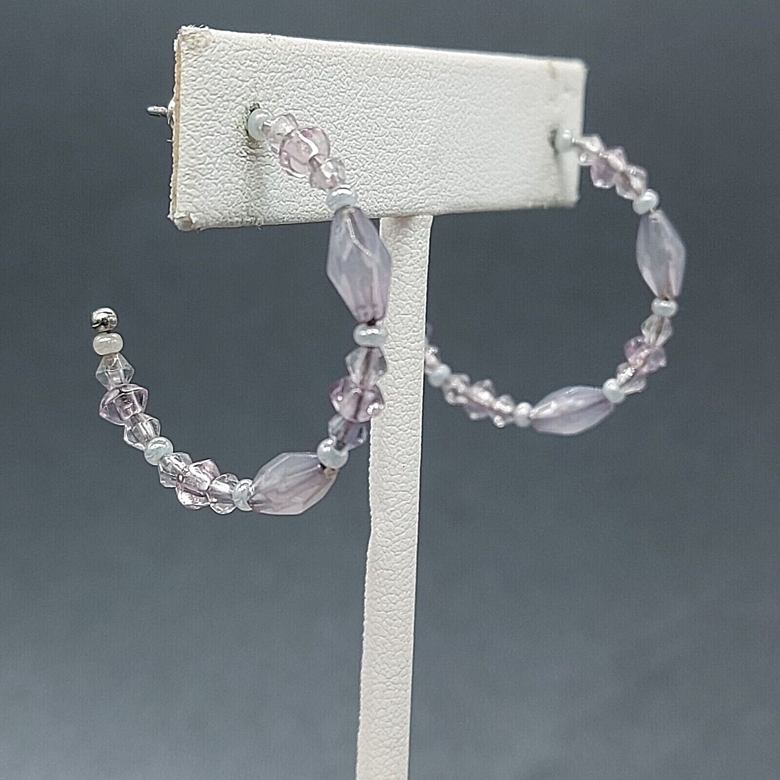 Liz Claiborne Pierced Earrings Silver tone Beaded Hoops Light Pink Purple 1 1/8"