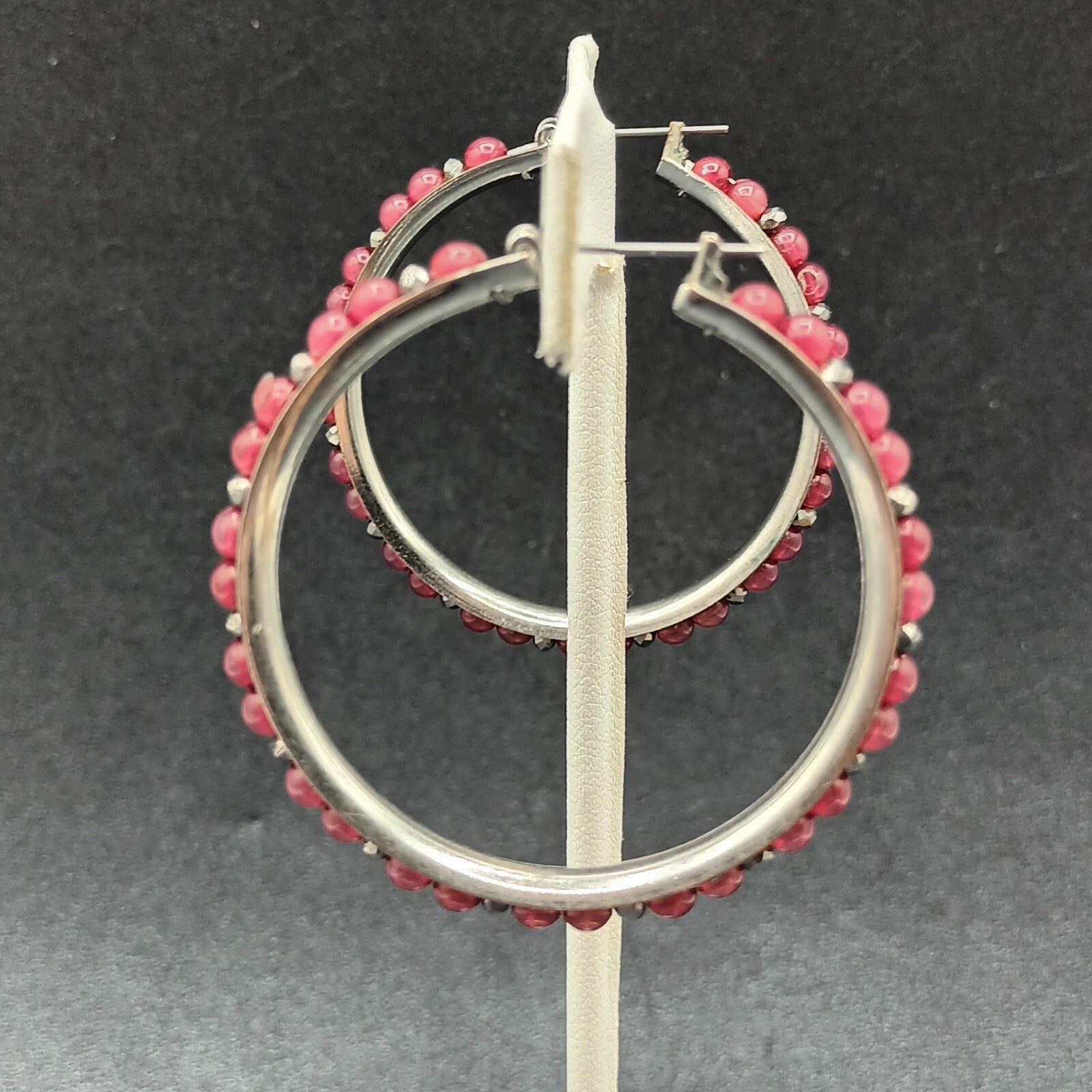 Pierced Earrings Silver tone Red Bead Statement Snap Hoops 2"